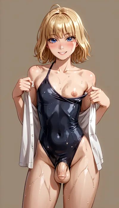 Trans, blond hair, pony tail, standing in relaxed pose, looks not at the viewer, skinny body, tight black swimsuit, thicc thighs, ((flaccid penis bulge in her swimsuit, penis bulge, a bit wet penis)), smiling, perky breasts, flashing one breast, looking at viewer, solo, femboy, blush, trap, curvy body, one, breast, out, Trfut, flac-futa, flac-penis, photo, artwork, <lora:NEOTOKIOXL_0.2_RC:.9>, <lora:one breast out XL:1>, <lora:SDXLlora4flFut-000014:.8>