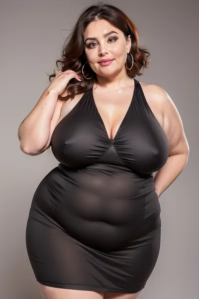Armenian, obese, older woman, gilf, 65 years old, with, short hair, auburn hair that has highlights. Her face is chubby and rounder, and she has visible wrinkles around her eyes and mouth, consistent with her age. She is smiling broadly, revealing her teeth. Blue eyes, her beautiful eyes are open wide, are looking directly at the viewer with intense seductive gaze. Her lips are big and plump. She has, fat, wide hips, and a plump, chubby belly, chubby waist. She is wearing a short sleeveless light black minidress with loose straps. The dress has an empire waist, where the fabric gathers under the bust, and then flows downwards. Her breasts are very saggy, contributing to an overall obese physique. She is wearing hoop earrings and a wedding ring with a big diamond on her left hand. The background is solid color, which makes the woman stand out prominently. The soft lighting on her face and upper body suggests a direct light source., ((Blank dark gray background)), tt_saggy, tt_flat, WeightChubby, WeightObese, WeightImmobile, <lora:age_slider_v20:.8>, <lora:tt_saggy:.2>, <lora:Fat:.5>