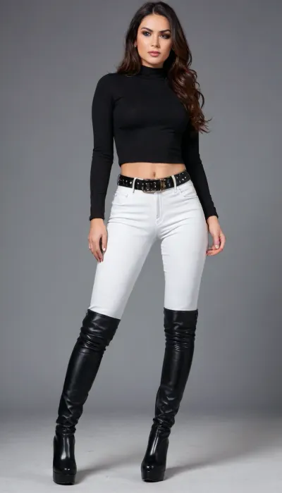 *"1girl, 30 years old, latina, petite and slim body, very tight physique, (insanely attractive), front standing, (full body visible from a distance), (Small breasts:1.5), wearing a tiny croptop, (leather tigh underknee platform boots:2.2), (ultra-tight long white jeans tight around the crotch:1.8), (tigh gap:1.8), (Long black straight-wavy hair:1.7), adorned with elegant jewelry. Submissive expression, (making intense eye contact with the viewer. low angle:1.8), (Studded belt:1.9), (perfect facial features:1.8), flawless lighting. Focus on her curves and outfit's tight fit, full shot."*