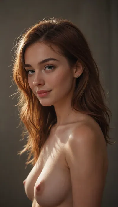 zip realism, (score_9, score_8_up, score_7_up), (profile shot, sensual silhouette, Chiaroscuro lighting, medium closeup shot, sharp focus, focus on eyes, perfect eyes:1.2), (soft bokeh:.4), (wide jaw, defined jawline, high chiseled cheekbones), (teasing eye contact, sideways glance, soft shy smile:1.5), (vibrant auburn hair with dark undertones, loose strands of hair), (topless, sensual esthetic, intimate moment:1.1), (night time, shadow play, dark romantic lighting), igbaddie, <lora:igbaddie-XL:.4>