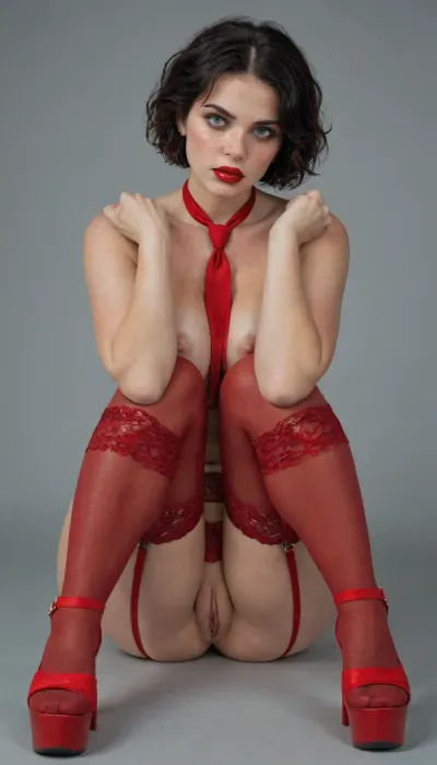 Sexy young tall british girl, black hair, short hair to the neck, green eyes, freckles, mascara, threatening look at the viewer, skin pores, perfect legs, ((red lipstick, red high lace stockings, red garter belt, red platform heels, red tie)), natural skin, poorly lighted skin, goosebumps, ((very big voluptuous boobs, erect nipples, big pussy lips)), ((laying legs up, upper arms squeezing her big breasts totaly tight together, red dildo, playing)), dark light, dark and grey background, low saturation, moonlight lookalike, view full body, rule of thirds, 4ng3l, face, <lora:SDXL_BetterFaces-LoRA_v1:.8>, <lora:add-detail-xl:.8>