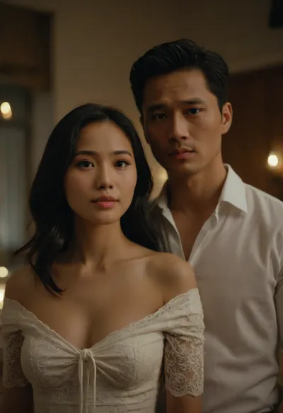 Exactly 1 woman and 1 man

Female is Wulan, an beautiful 30 years old indonesian woman. The woman is showing her medium breast cleavage. Tied fine black hair. Couple Selfie view. Braless, laceless. Mini tubedress. Bare shoulder, Cleavage. The man is Jung-kook, a handsome young Korean male gentleman.

Dramatic movie aesthetic, focus on woman's face, male is out of focus, <lora:Movie_aesthetic_XL:.8>