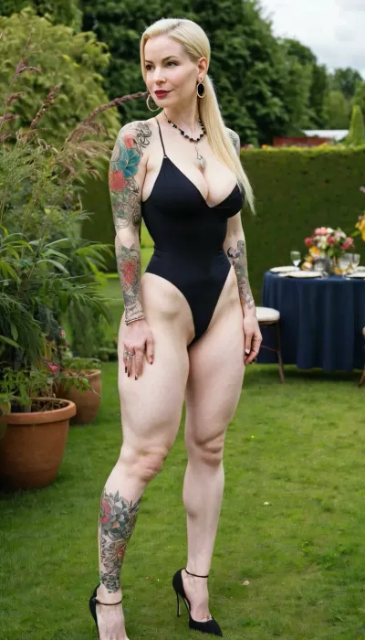 fit, (wide hips, big ass), legs, woman, slender, saggy deep cleavage, 40 yo, a lot of tattoos, pale skin, oval soft face, big earrings, blond long straight ponytail, big lips, leggins, (spaghettitop), high heels, a lot of piercings, belly pierced, nose pierced, necklace, armrings, at a gardenparty