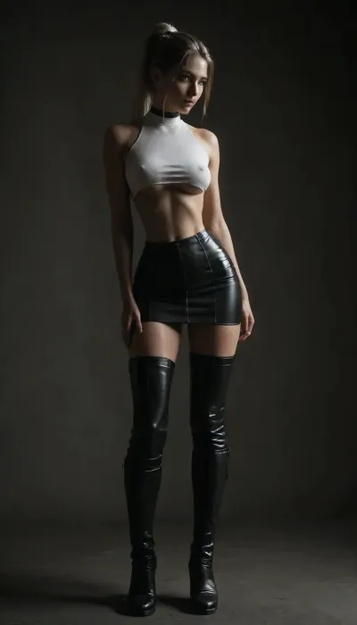 (score_7_up, score_8_up, score_9, 1girl, solo, masterpiece), sultry, seductive, seducing, alluring, intimate, sexual, horny, ((long white ponytail:1.5)), (ultra-micro skirt), 18yo girl, (athletic skin body), (narrow waist:1.4), ((hip gap)), insatiable, lustful, erotica, irresistible, ziprealism, white tube-top with underboob, (white g-strings), erected nipples, black choker, (tight-high boots:1.5), oiled skin, (latex stockings), (black background, chiaroscuro lighting:.5), <lora:sunnyrayyxo_v1_SDXLBase:.4>, <lora:dark:.4>