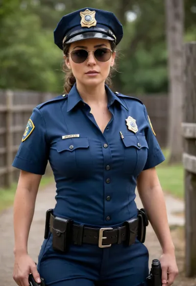 female police officer, angular face, cheekbones, (cleavage), (((massive breasts))), (button strain), ((massive hips)), dark hair tied back, (tight police uniform), tight partially unbuttoned blue shirt, tight dark pants, police cap, sunglasses, holding a gun, walking, outdoor setting, wooden fence, expression of surprise or anger, mid-ground focus, detailed uniform, action pose, visible holster.