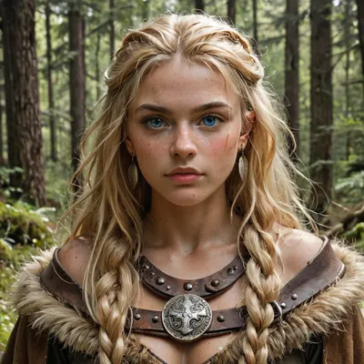 Young beautiful viking warrior woman, thick curvy hourglass athletic body wearing viking warrior clothing, war paint on face and body, very long braied blonde hair and icey blue eyes, ultra realistic, masterpiece, best quality, standing ontop of a mountain with a forest in the background, detailed, eyes, perfect, freckles, skin, texture, photorealistic, <lora:add-detail-xl:.8>, <lora:Super_Eye_Detailer_By_Stable_Yogi_SDPD0:.8>, <lora:SDXLHighDetail_v6-000005:.8>