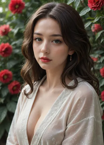 professional portrait, elite japanese geisha in the garden, red lips, long wavy hair, silk robe with flowers, jpn-girl, <lora:japanese_girl_v1.1:1.1>