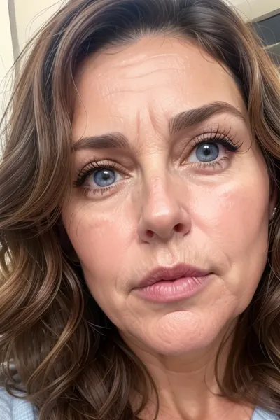 Fat 50 year old mature milf, Portrait, up close picture of face. Perfect face. wavy messy brown hair, hairy, big-eyed brunette, no makeup, sexy look natural, blue eyes, fat face