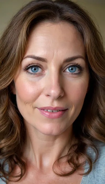 50 year old mature milf, Portrait, up close picture of face. Perfect face. wavy messy brown hair, hairy, big-eyed brunette, no makeup, sexy look natural, blue eyes, fat face, big lips, smiling