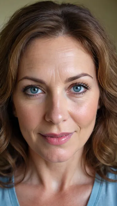 Fat 50 year old mature milf, Portrait, up close picture of face. Perfect face. wavy messy brown hair, hairy, big-eyed brunette, no makeup, sexy look natural, blue eyes, fat face, big lips, smiling