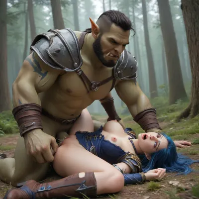 World of Warcraft, Sylvanas, medium tits, beautiful girl, exposed boobs, orgasm, rough sex, detailed face, ahegao, forest, torn clothes, night elf girl, missionary, pussy squirting, darkblue skin girl, blue hair, glowing night elf eyes, night elf face tattoos, brutal sex with angry, (huge, giant, green orc), spitroast, cock, anime, hugest, man, ever, cumming