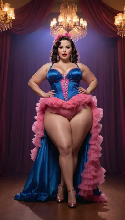 burlesque dance show, woman bbw skin, blue and pink dress, super light, front wiev, artmgn, <lora:xl_burlesque_dress-1.0:.3>, <lora:437584_training_data:.8>, open ass