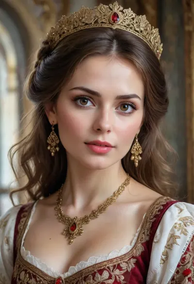 Portrait of a Russian beauty milf, (dark brown hair, light brown eyes, medium breasts), in national costume, lace filigree of bright, rich color. Super clear, highly detailed watercolor, glaze technique, plus colored alcohol ink, style of V. Vasnetsov