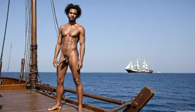 the upper deck of a sailing pirate ship, old guns, mainmast, Lots of naked black african pirates, Full body on display