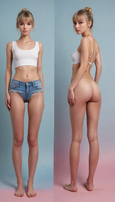 (masterpiece, ultra-detailed, best quality), photo-realistic, hyper-realism, clear image, full body shot, cute, pretty, 20years old, girl standing, (rear body), rear view, naked, barefoot, pretty slim face, blonde hair, bangs, (too skinny:1.2), tanned skin, slender body, small breasts, small ass, (same person, same pose, same angle), (2Split screens, 2split views, onoff:1.2), (wearing denim jeans and white t-shirt), (simple light-blue and pink background), ass up, ass facing the viewer, legs apart, BREAK, <lora:OnoffXL_ExtraCrispy:.7>