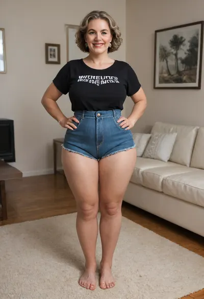 Full portrait picture of a fat mature woman, Armenian, gilf, in a living room, plump waist, fupa, cameltoe, wide hips, black t-shirt, high waist shorts, fat round face, (really saggy tits), light eyes, slicked-back hair, wide bowed lips, lips parted, smiling, laugh lines, wrinkles around eyes, drooping saggy c-cup torpedo tits, fully dressed, thick