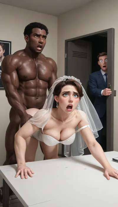 interracial, (very pale woman:1.7), (brothalovers:1.5), (caught cheating:1.8), (husband looking from distance:1.6), (screaming struggling:1.4), (doggystyle sex:1.2), chubby milf, (transparent wedding dress:1.3), moisture art, dross art, black walls, long hair, sweaty, tall, beautiful 4k white wife, short slim chubby woman, big lips, perfect face details, tall african man, (very muscular gigantic african brute:1.2), standing with hands on table, undressing, black man fucking doggystyle, massive cock fucking, rough sex, (low light in dark room:1.3), brutal fucking, aidxlv05_neg, dark, chiaroscuro, low-key, <lora:sdxl_darkflash_v6-000060:.8>, <lora:real-humans-PublicPrompts:1.5>, <lora:zavy-cntrst-sdxl:.8>