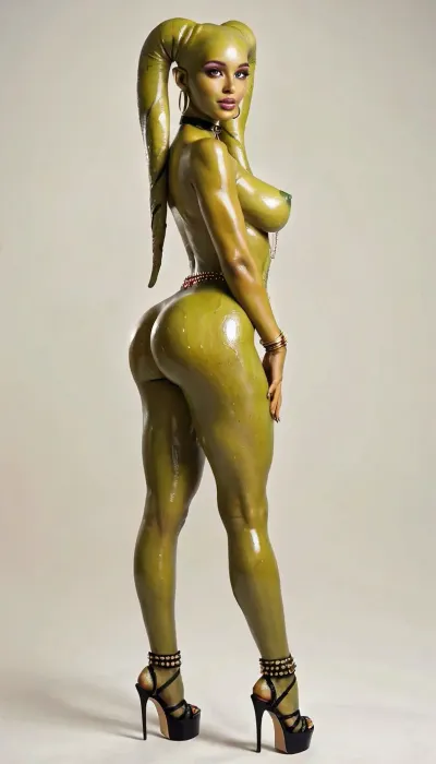 twi'lek, green skin, shaved pussy, oiled skin, exposed nipples, spreading, round ass, anklets, bangles, belly chain, high platform heels, choker, looking at viewer, full body view