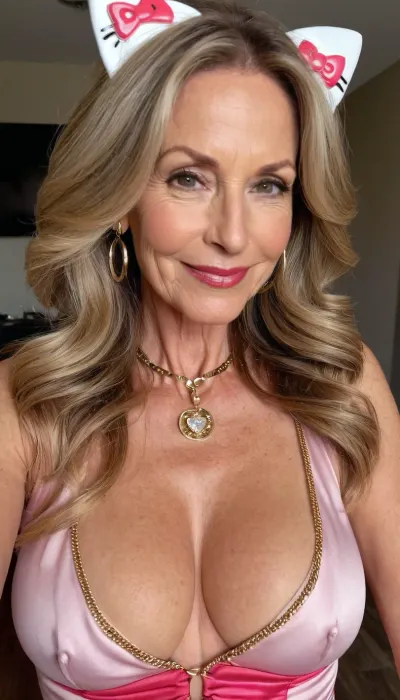 old mature, sexy 50 years old, dark blonde hair, long wave hair, glamour, big hoop earrings, necklace, thin curvy, tiny small saggy tits, very small boobs, at the fancy room, selfie, looking at the camera, naught sexy orgasm smile face, charming, very hot and horny, hello kitty costume