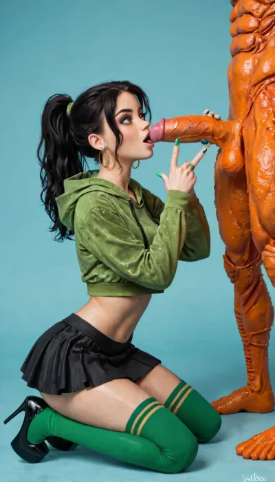 vanellope von schweetz disney cartoon, brown eyes, kneeling, black hair, high ponytail, eyes wide open, wearing green hoodie, wearing black skirt, wearing green thigh high socks, wearing black high platform heels, handjob, vanellope is next to an enormous orange monster, giant cock, vanellope has colorful sparkles on her hair