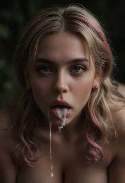 Close up of tits, huge round tits, huge perky tits, huge firm tits, tits are covered in excessive cum, Juliet Starling, blonde pigtails with pink highlights at the ends, young face, mouth open, oral creampie, outdoors at night, <lora:dark:.8>, <lora:SDXLHighDetail_v6-000005:.8>