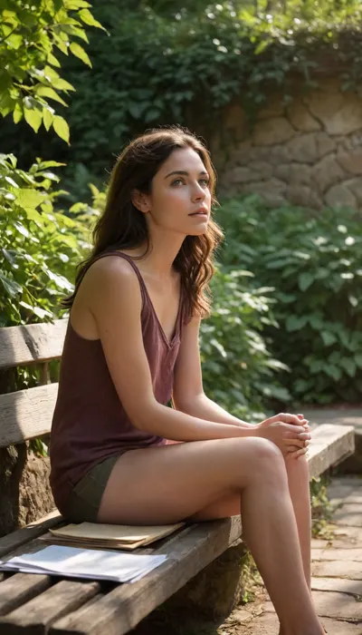 Create an outdoor scene depicting a contemplative woman, approximately 33 years old, with a mix of curiosity and uncertainty etched on her facial expression, as if she's unraveling a long-held mystery. Her skin tone is a warm, golden brown, with dark brown hair falling in soft, loose waves down her back. Her eyes, a deep shade of brown, look inward, as if searching for answers. She sits on a weathered wooden bench, surrounded by lush greenery, with leaves and vines crawling up the stone walls behind her. A few scattered papers or torn journal pages lie around her feet, with scribbled notes and questions, hinting at her recent discovery. The atmosphere is serene, with soft, warm sunlight casting dappled shadows on the scene, evoking a sense of introspection and self-discovery.