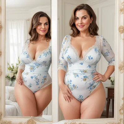 Full portrait picture of a 50 year old mature woman, gilf, in a bedroom, mirror, reflection, saggy, plump waist, big fupa, puffy cameltoe, wide hips, big hips, fat round face, brunette with highlights hair, slicked-back hair, wide bowed lips, lips parted, smiling, laugh lines, wrinkles around eyes, fully dressed, dress, posing, white and blue floral, <lora:KATU-15:.1>