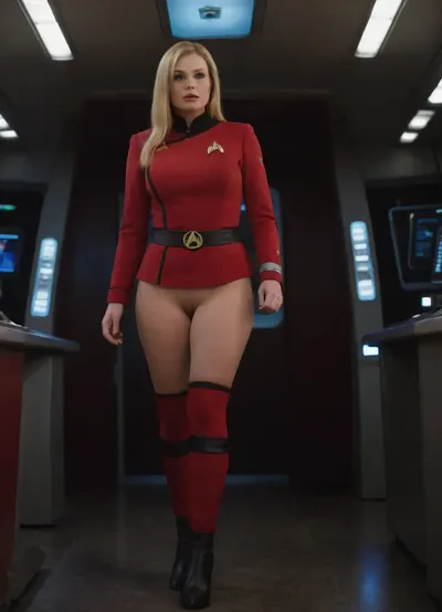 single girl, athletic blonde, Cleavage, night, full body, (wearing red and black short "Star Trek uniform"), (thigh high boots), (star trek), (starfleet officer), Realistic Eyes, Realistic quality, 8k, illuminated, bright, (masterpiece, best quality, incredible detail, perfect lighting, ultra high skin detail:1.2), perfect face, perfect lips, perfect mouth, (scifi), (Star Trek), (on command bridge of starship), (large breasts), (bottomless), (no underwear:1.4), (no panties), (naked), (upskirt view), (pussy in focus), skirt, lift, twokunf, red, uniform, <lora:skirtLift:.8>, <lora:TWOKXL:1.6>