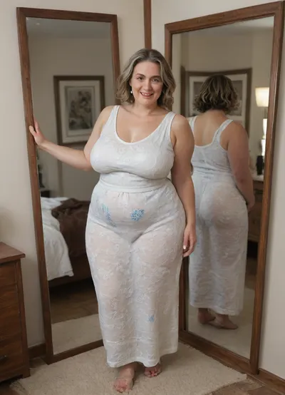 Full portrait picture of a obese 50 year old mature woman, gilf, in a bedroom, mirror, reflection, saggy, plump waist, big fupa, puffy cameltoe, wide hips, big hips, fat round face, dark blonde with highlights hair, slicked-back hair, wide bowed lips, lips parted, smiling, laugh lines, wrinkles around eyes, fully dressed, sleeveless dress, posing, white and blue floral