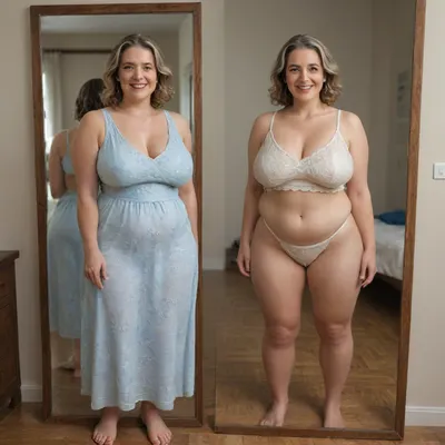 Full portrait picture of a obese 50 year old mature woman, gilf, in a bedroom, mirror, reflection, saggy, plump waist, big fupa, puffy cameltoe, wide hips, big hips, fat round face, dark blonde with highlights hair, slicked-back hair, wide bowed lips, lips parted, smiling, laugh lines, wrinkles around eyes, fully dressed, sleeveless dress, posing, white and blue floral