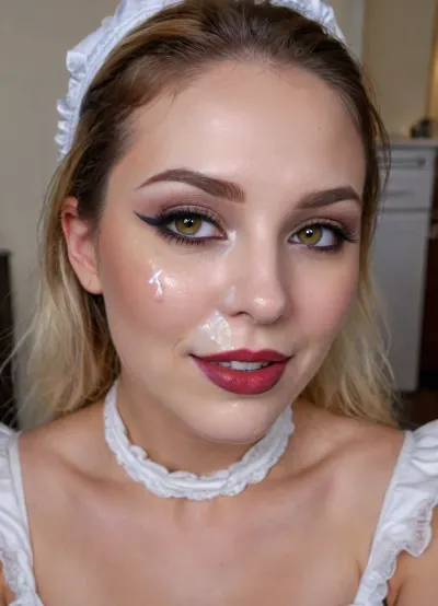 lightly smiling woman with a warm expression with thick white cum on her face, golden eyes, (bold winged eyeliner), elegant ombre hair, (indirect lighting), eye contact, 8k, mouth open, very dark lipstick, facial, white cum on face, covered in thick white cum, sexy maid, <lora:Facials:.2>