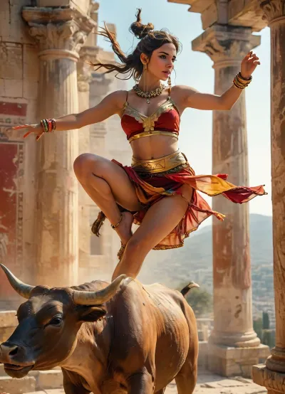 Rating_explicit, score_9, score_8_up, score_7_up, (masterpiece, ultra-detailed, erotic glamour), a dramatic scene of an ancient Minoan bull-leaping ritual, a young athletic woman mid-air flipping over a charging bull, wearing a colorful flowing Minoan outfit with gold jewelry, dynamic movement, ancient Crete palace in the background, vibrant fresco-style colors, muscular bull with motion blur, dust and sunlight in the air, detailed ancient architecture, cinematic composition, historical fantasy style, 4k, highly detailed, masterpiece, 4ng3l, <lora:MJ52:.8>, <lora:SDXL_BetterFaces-LoRA_v1:.8> Rating_explicit, score_9, score_8_up, score_7_up, (masterpiece, ultra-detailed, erotic glamour), a dramatic scene of an ancient Minoan bull-leaping ritual, a young athletic woman mid-air flipping over a charging bull, wearing a colorful flowing Minoan outfit with gold jewelry, dynamic movement, ancient Crete palace in the background, vibrant fresco-style colors, muscular bull with motion blur, dust and sunlight in the air, detailed ancient architecture, cinematic composition, historical fantasy style, 4k, highly detailed, masterpiece, 4ng3l, <lora:MJ52:.8>, <lora:SDXL_BetterFaces-LoRA_v1:.8>