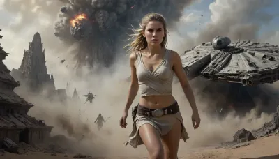 Star Wars Style, heroic full body view of a female Jedi Warrior running dynamically in front of crashing Millennium Falcon to find cover, slender, blonde matted dreadlocks, flat-chested, sweating, dirt, perfect tanned skin, lucky charm necklace, highly detailed used dirty torn Jedi costume, perfect pussy, perfect face, desert, bright sunshine on sweaty skin, deep blue sky, spaceport, exploding and crashing millennium falcon in background, 8k, high resolution, cinematic, mfalcon, Millennium, Falcon, Black, and, white, art, black, shading, charcoal, drawing, toned, brutal, dark, b/w, color, scheme, cloudy, smoke, atmospheric, clouds, fog, <lora:Millennium_Falcon_SDXL_v1_mfalcon_e10:1.3>, <lora:Hell_Constantine_2005_-_Anime:.8>, <lora:Black and white art.V1:.8>, <lora:Cloudy_Style:1>, <lora:ahxl_v1:1.2>