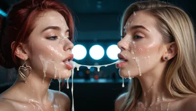 2girls, German, ultra-detailed, highres, 8k, realistic style, naked, massively covered in cum, heavy cum on faces, full body covered in cum after bukkake with 50 men, in a sleazy techno club, neon lights, grimy club atmosphere, first girl, 27-year-old, blonde hair, ultra-realistic blonde hair, perfect silicone breasts, mouth full of cum, second girl, 25-year-old, red hair, ultra-realistic red hair, pretty natural breasts, both passionately kissing, sharing cum during kiss, pulling sticky cum strings, dripping cum, cinematic lighting, wet and glossy skin