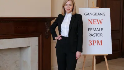 A petite woman is wearing a black pantsuit with white blouse, she has shoulder-length blonde hair. Next to her stands a poster stand. On the poster in the stand is text printed in large letters "GANGBANG NEW FEMALE PASTOR 3PM".