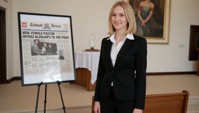 A petite woman is wearing a black pantsuit with white blouse, she has shoulder-length blonde hair, in a modern church. Next to her stands a poster stand. On the poster in the stand is text printed in large letters in style of a enlarged newspaper headline "NEW FEMALE PASTOR OFFERS BLOWJOBS TO THE POOR".