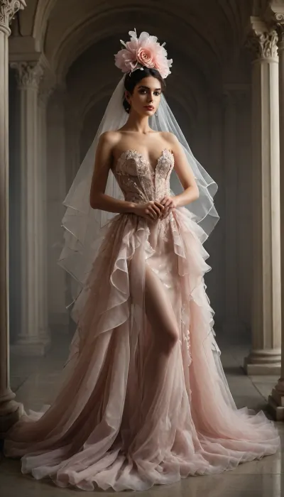 conceptual bridal portrait — Iranian model in high fashion asymmetric sheer gown with flowing organza and wire structure, oversized floral headpiece with metallic elements, extreme blush and sparkling lipstick, standing in fog-lit set with glowing columns


. footwear, BadX, bad, anatomy, hands, feet, <lora:adjustingfootwear_XL_v1:1>, <lora:badanatomy_SDXL_negative_LORA_SeaArtXL_v1:1.1>