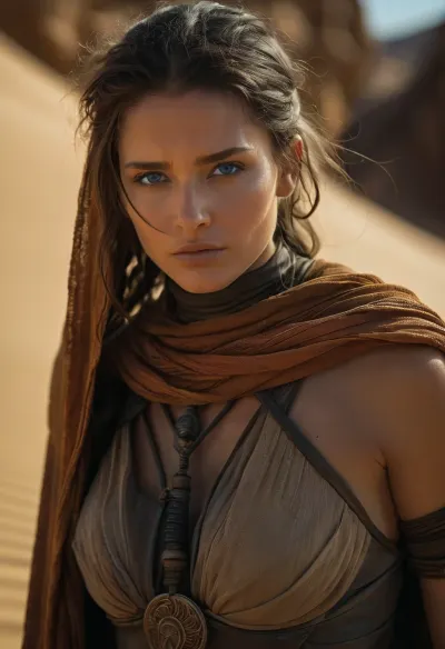 She stood like a shadow woven from desert storms, slender, poised, and radiating a quiet intensity born of survival and conviction. Her eyes, fully blue with the spice of Arrakis, shimmered with the fierce clarity of one who has seen both death and prophecy. Framed by the dark folds of her stillsuit, her face was both striking and severe, angular cheekbones kissed by the harsh sun, lips set in a line that could soften or sharpen with a single thought.

Her hair, long and dark as the deep desert night, was braided in the traditional Fremen style, adorned with tiny rings etched with sietch symbols—marks of victories, lineage, and solemn oaths. She bore a crysknife at her hip, carved from the tooth of a sandworm, and she moved with the silent precision of someone who had danced across dunes since childhood.

Though young, perhaps only in her early twenties, there was an ancient resolve in her bearing. She had killed and grieved and led raids beneath twin moons. Yet in rare, unguarded moments, her laughter, like water found in the desert, hinted at a soul not yet hardened by war, still capable of dreams beyond the sand.

She was a daughter of the sietch, a sister of the sand, and a warrior of Arrakis—beautiful not despite the desert, but because of it.
realistic detailed face, realistic detailed hair, realistic detailed body, realistic detailed skin, realistic detailed breasts, random view angle, action pose, detailxl, nosetril, plug, blue, eyes, cloak, <lora:add-detail-xl:1.5>, <lora:style_lora_realis:.5>, <lora:Dune1024:1>