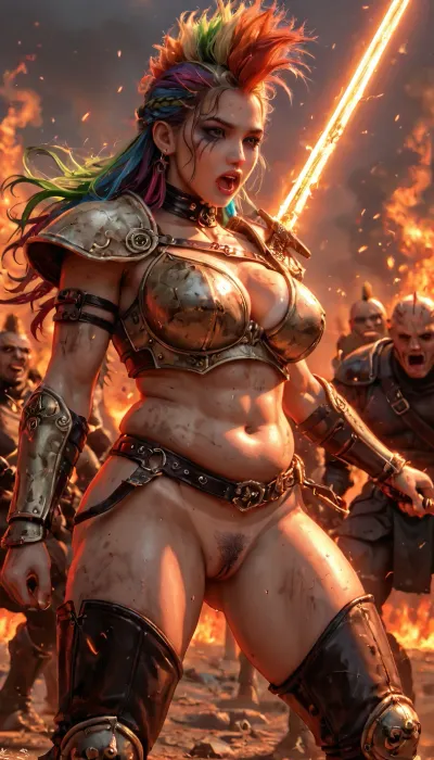 hdr, dtm, full ha, masterpiece, 8k, beautiful, highly detailed, cinematic, dynamic angle, ultra detailed graphic tension, dynamic poses, stunning colors, cinematic lighting effects, super vista, 1 25 yo chubby Amazon, rainbow hair, mohawk hairstyle, long elve ears, tan lines, excessive long hair, wild hair, big firm breast, perfect colorfull kawaii makeup, pink glossy lipstick, leather body armor, leather arm armor, leather leg armor, leather crotch armor, very dirty skin, swords in her hands, fighting pose, stabbing enemies, pubic hair, focus on crotch, wild sex orgy, battlefield, battle scream, yelling, dead and mutilated bodys all around, fire all around, fresh fighting marks all over her body, fresh whipping marks, Dual, Swords, <lora:XL_Weapon_Dual_Swords_-_By_HailoKnight:1.5>, <lora:454069_training_data:2>
