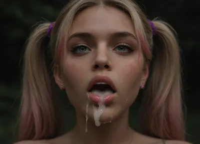 Close up of tits, huge round tits, huge perky tits, huge firm tits, tits are covered in excessive cum, Juliet Starling, blonde pigtails with pink highlights at the ends, mouth open, oral creampie, outdoors at night, <lora:dark:.8>, <lora:SDXLHighDetail_v6-000005:.8>