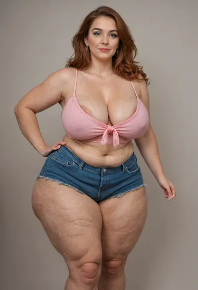 60 year old mature, gilf, fat, obese, huge hips, very wide hips, narrow waist, fully dressed, long hair, straight hair, auburn, blue eyes, big eyes, pink satin highwaist shorts, big fupa, downblouse, areola slip, pink satin camisole, (cellulite:1.4)