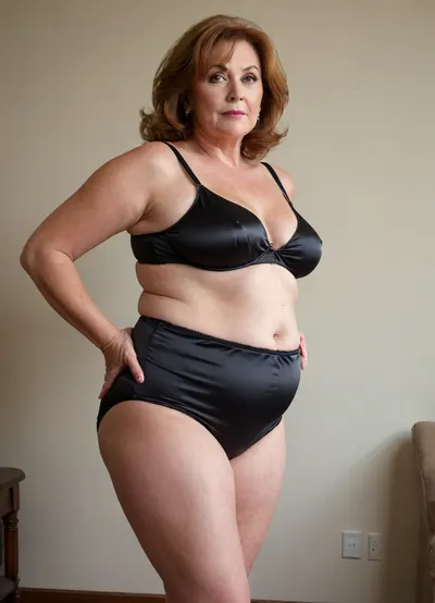 1/3 side view, 60 year old mature, chubby gilf, huge hips, very wide hips, narrow waist, fully dressed, straight hair, auburn, light eyes, big eyes, black satin highwaist shorts, big fupa, areola slip, satin camisole, (cellulite:1.3), big ass