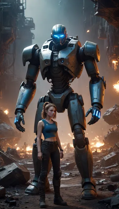 "A dimly lit futuristic scrapyard on a distant asteroid, filled with piles of rusted spaceship parts and broken robots. In the center, a human mechanic — rugged and focused — carefully examines a partially buried, sleek female battle cyborg with glowing iridescent blue eyes, delicate yet armored, as sparks and holographic repair tools float around them. The scene blends gritty sci-fi realism with a hopeful, transformative atmosphere."