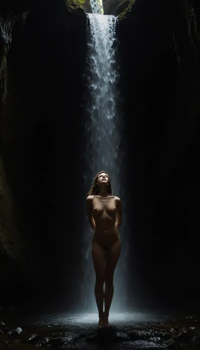 "A nude figure stands under a cascading waterfall in a dimly lit cave. The water streams down, partially obscuring the body, but leaving the silhouette defined in sharp contrast. The motion of the falling water blurs, creating a sense of dynamic energy, while the soft lighting emphasizes the sensual curves of the model's form. The atmosphere is mysterious and cinematic, with the dark, raw environment amplifying both vulnerability and strength."