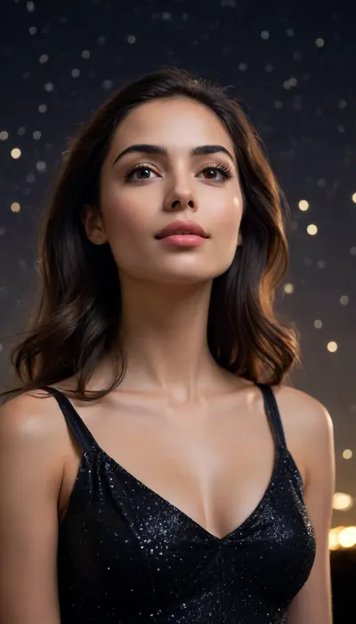 A serene woman with dark hair and warm, golden-brown skin gazing upwards, her eyes fixed on a majestic starry night sky, with a deep black background that fades into the darkness, allowing the twinkling stars to shine brightly, like diamonds scattered across the velvet expanse, her facial features soft and peaceful, with a subtle, enigmatic smile playing on her lips, her eyebrows slightly furrowed in contemplation, as if lost in the vastness of the universe, her slender neck and elegant shoulders relaxed, with a faint, shimmering glow on her skin, as if reflecting the starlight, creating an atmosphere of calmness and wonder.