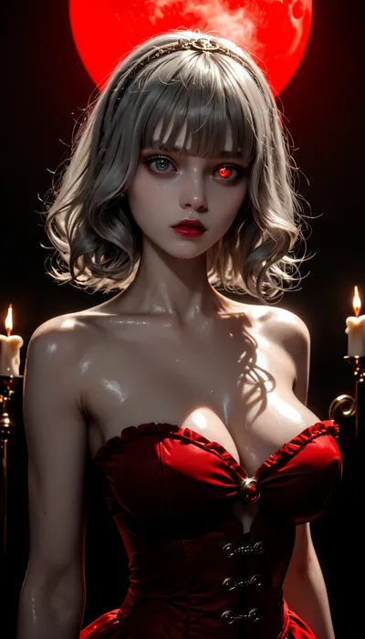 (score_9, score_8_up, sharp focus, masterpiece, perfect eyes), young face, Super realistic, perfect lighting, (best lighting), highest quality, ultra-detailed images, fine details, high resolution, 8k, uncensored, shiny_skin, (bangs messy long grey hair), petite, ((glossy skin)), (white skin), skinny, she has a serious expression on her face, (young face), (huge natural breasts), big waist, (Shapely body), wide hips, perfect skin, grey eyes, very detailed face, years old, Under the eerie glow of a blood-red moon, a divine beauty emerges Beneath a sky weeping crimson rain, a cursed angel stands in the ruined remains of an ancient cathedral. Her enormous, gleaming chest rises and falls with an impossibly full, exaggerated bust, soaked by the unholy downpour.moonlight. She strides through the cursed castle’s grand hall, flickering candlelight casting mesmerizing shadows across her figure.Her crimson eyes pierce through the darkness, <lora:dark:.8>