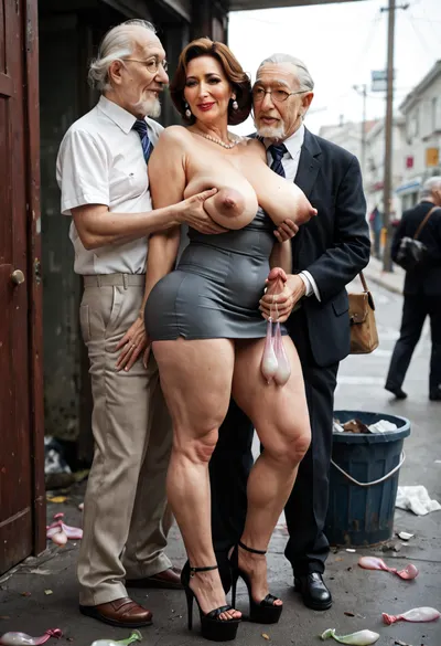 old man, old man full body, (hot milf holding old mans cock), (mature milfof 69 years old, giving hand job), (old man groping huge medium saggy boobs mature milf:1.3), on a garbage, trash bin, full body, used condom belt, used many condom on the floor, several men, many people around, (very short dress:1.6), wedge high heels, hard nipples