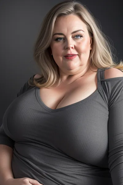 (Close-up:1.3), portrait photo a mature chubby woman, fat huge bosom, fat round face, double chin, 60 years old Woman, blue eyes, dark blonde layered haircut, strong jawline, seductive smile, lips parted, teeth showing, mouth open, looking at viewer, (solid dark grey background:1.3), eye level shoot, film grain, style by Flora Borsi, OverallDetail, downblouse, loose, v-neck t-shirt, leaning, forward, <lora:Lora_Srabonti2023-X4:.1>, <lora:downblouse-v1:.2>, <lora:weight_slider_v2:1>, hard nipples