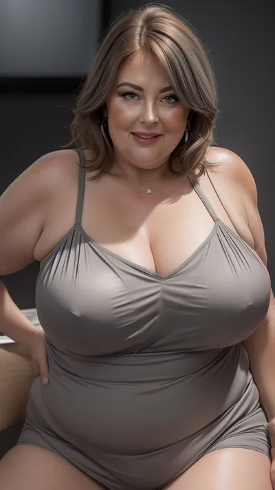 (Close-up:1.3), portrait photo a mature chubby woman, fat sagging bosom, fat round face, double chin, 60 years old Woman, blue eyes, auburn layered haircut, strong jawline, seductive smile, lips parted, teeth showing, mouth open, looking at viewer, (solid dark grey background:1.3), eye level shoot, film grain, style by Flora Borsi, OverallDetail, downblouse, satin v-neck spaghetti strap camisole, leaning, forward, hard nipples, <lora:Lora_Srabonti2023-X4:.1>, <lora:downblouse-v1:.2>, <lora:weight_slider_v2:1>