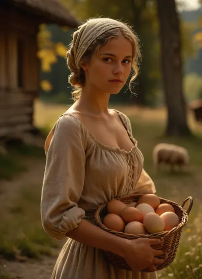 UHD 8K, sepia, cinematic masterpiece, score 9, score 8 up, score 7 up, score_9, score_8_up, score_7_up, ((soft focus)), 18th century, blurred background, 8k uhd, 3/4-body view of naked deeply tanned blonde braided young woman, very beautiful face, firm small breasts, narrow waist, tanned slim body, tanned beautiful young woman naked wearing only an open unclosed woolen peasant shirt and a headscarf and flat sandals, very deep seamless suntan, naked woman stands on a meadow in valley in Switzerland, sheeps, carrying a basket with eggs, woman carrying a basket with eggs, ((beautiful face and naked body with open unclosed woolen peasant shirt and headscarf and narrowly trimmed dark blonde pubic hair)), 18th century old run-down wooden cottage and forest in blurred background, warm sun rays from the side, sunny summer day, fairy tale, AgedSepiaCE, <lora:MJ52:.7>, <lora:Picture_enhancer:.7>, <lora:PhotoAgedSepia01-00_CE_SDXL_128OT:1.2>